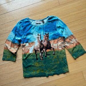 Vintage Horse Print Shirt - Blue and Green
